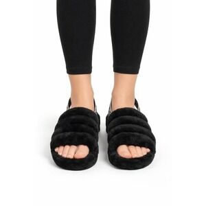 UGG Fluff Yeah Slide Slippers Black Sheepskin Logo Strap Size 10